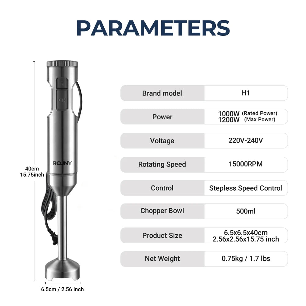 Mixer de Mão 4 em 1 ROUNY 1000W - Batedor de Imersão Potente em Aço Inoxidável com Copo Medidor de 700ml, Processador de 500ml e Batedor