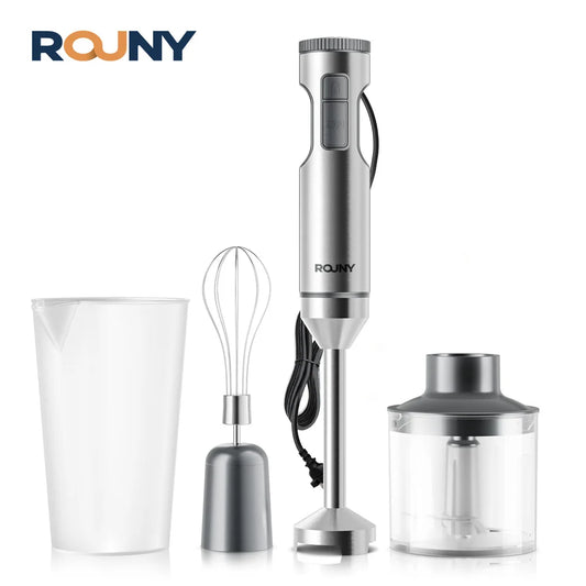 Mixer de Mão 4 em 1 ROUNY 1000W - Batedor de Imersão Potente em Aço Inoxidável com Copo Medidor de 700ml, Processador de 500ml e Batedor