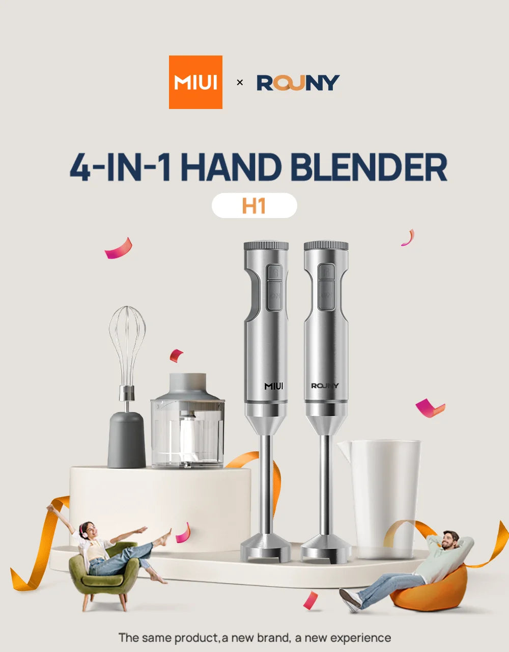Mixer de Mão 4 em 1 ROUNY 1000W - Batedor de Imersão Potente em Aço Inoxidável com Copo Medidor de 700ml, Processador de 500ml e Batedor