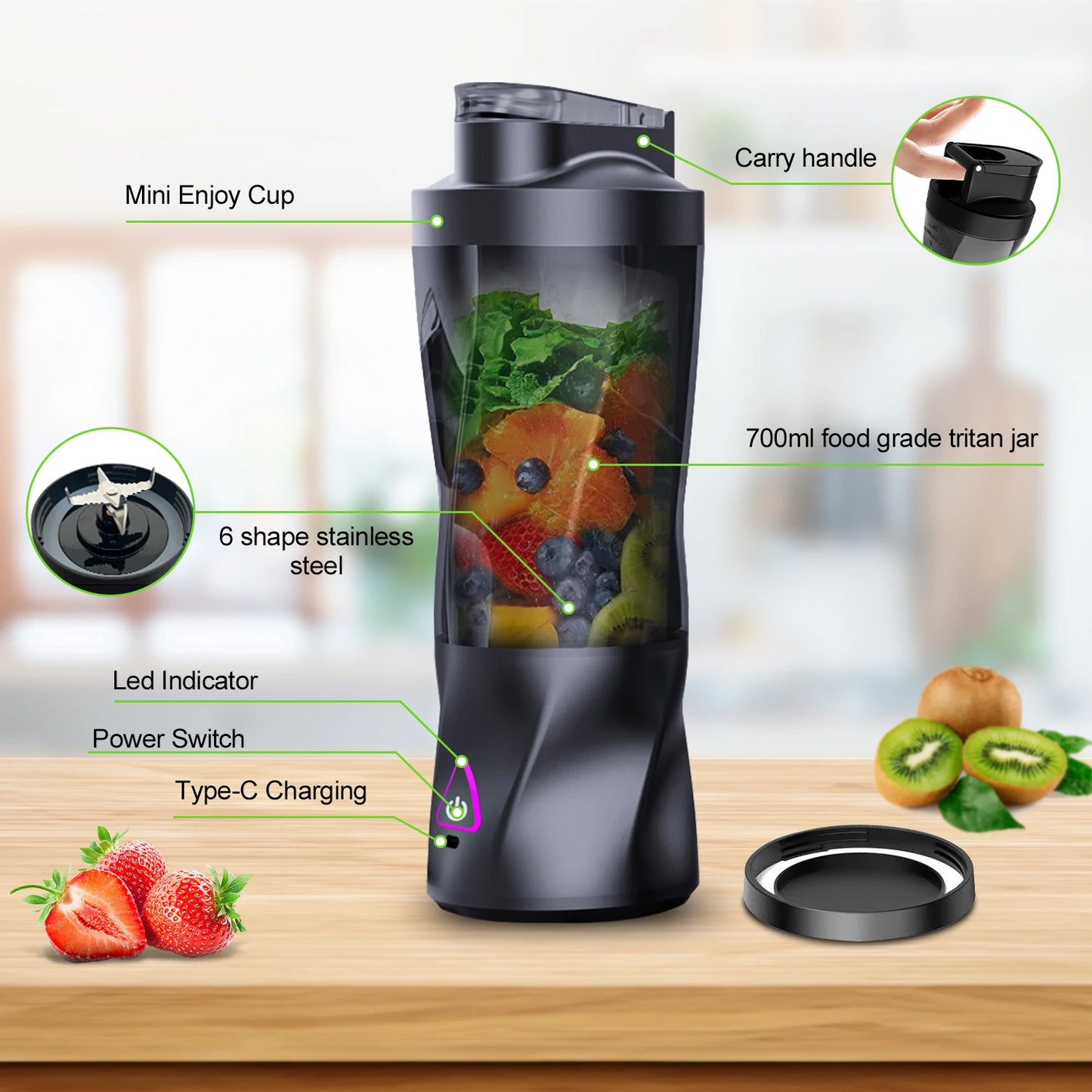 Liquidificador Elétrico Portátil 700ML - Espremedor de Frutas Frescas Multifuncional USB Recarregável para Shakes e Smoothies - Copo de Mistura para Uso Externo