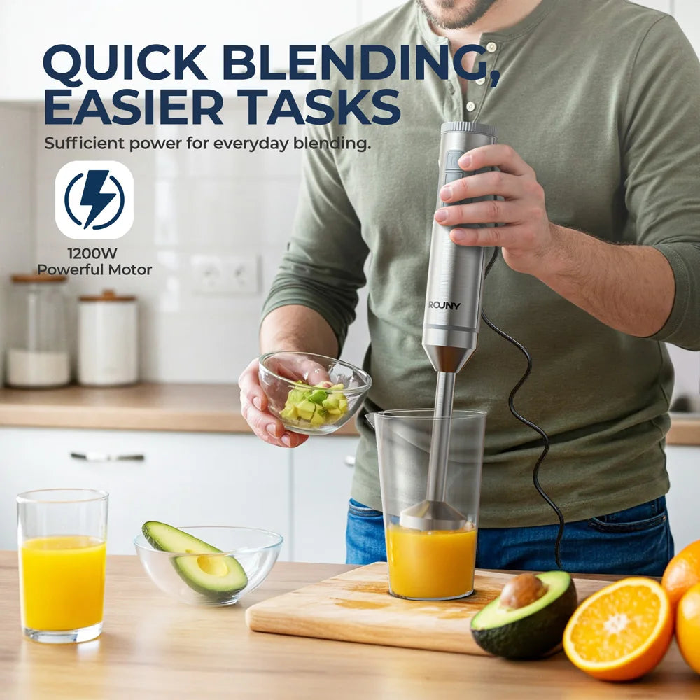 Mixer de Mão 4 em 1 ROUNY 1000W - Batedor de Imersão Potente em Aço Inoxidável com Copo Medidor de 700ml, Processador de 500ml e Batedor