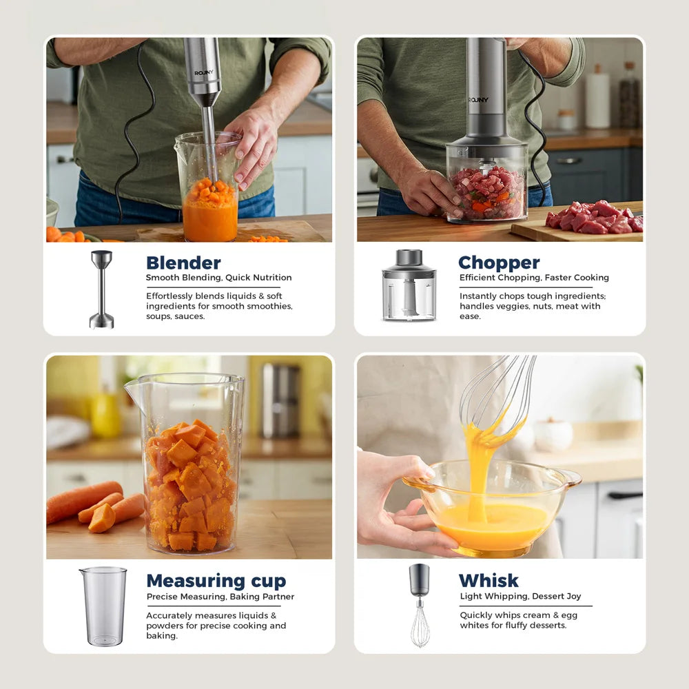 Mixer de Mão 4 em 1 ROUNY 1000W - Batedor de Imersão Potente em Aço Inoxidável com Copo Medidor de 700ml, Processador de 500ml e Batedor
