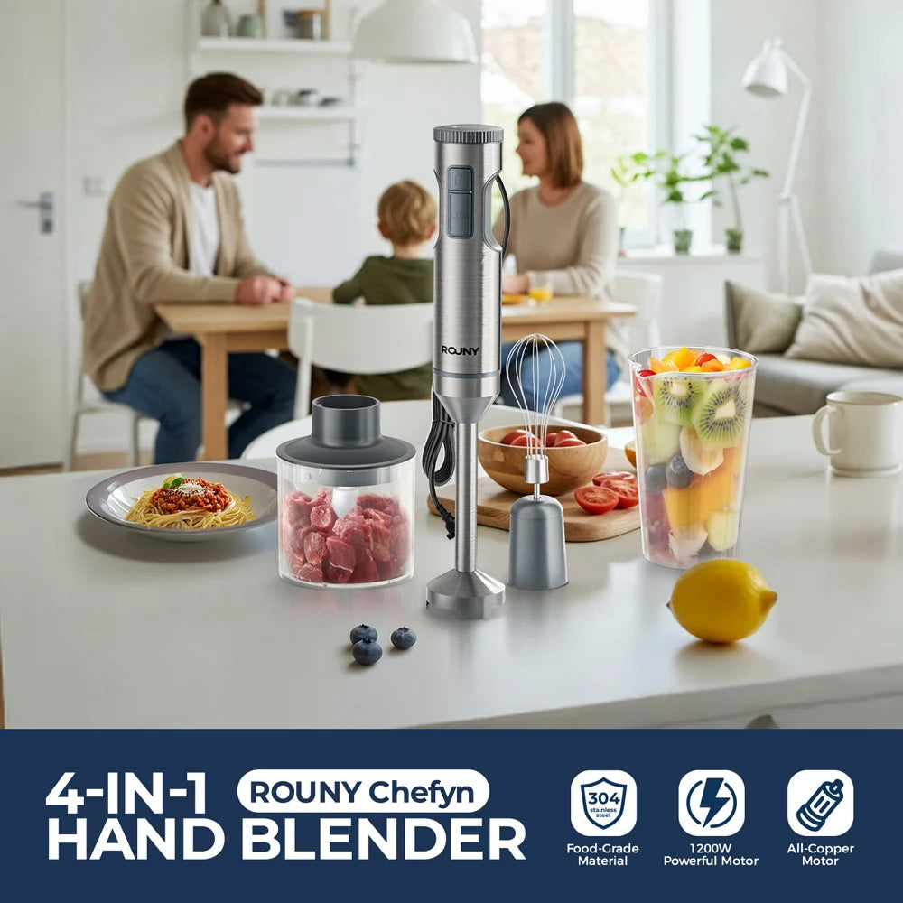 Mixer de Mão 4 em 1 ROUNY 1000W - Batedor de Imersão Potente em Aço Inoxidável com Copo Medidor de 700ml, Processador de 500ml e Batedor
