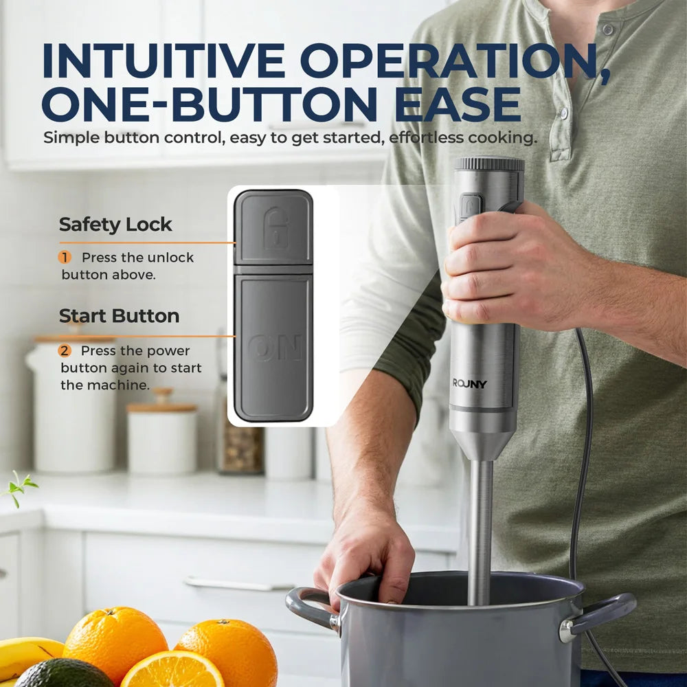 Mixer de Mão 4 em 1 ROUNY 1000W - Batedor de Imersão Potente em Aço Inoxidável com Copo Medidor de 700ml, Processador de 500ml e Batedor