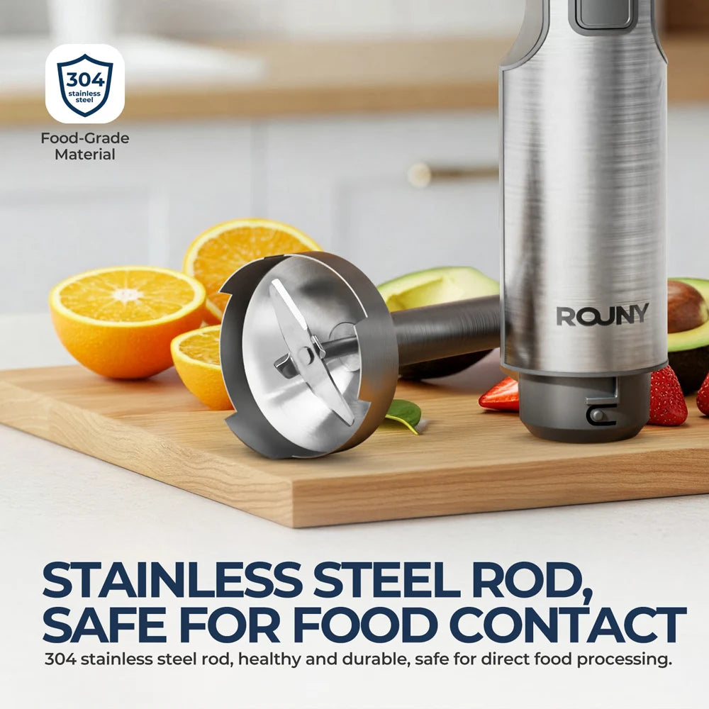 Mixer de Mão 4 em 1 ROUNY 1000W - Batedor de Imersão Potente em Aço Inoxidável com Copo Medidor de 700ml, Processador de 500ml e Batedor