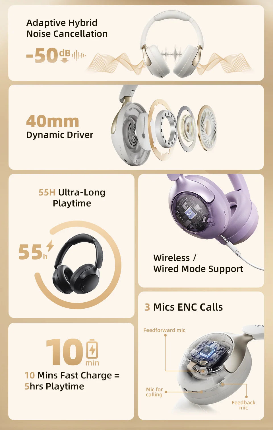Fone de ouvido sem fio QCY H3 Pro ANC - Bluetooth 5.4