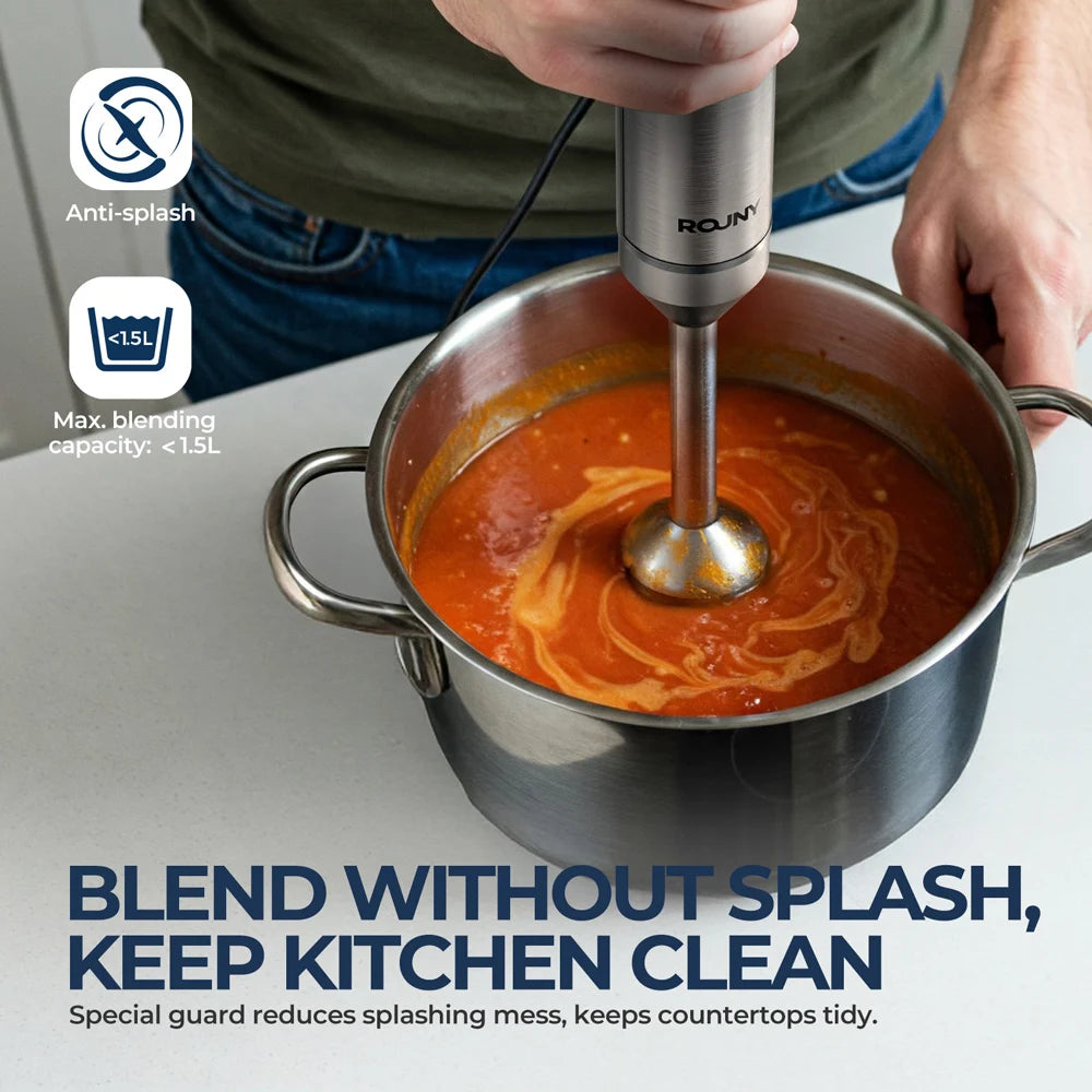 Mixer de Mão 4 em 1 ROUNY 1000W - Batedor de Imersão Potente em Aço Inoxidável com Copo Medidor de 700ml, Processador de 500ml e Batedor