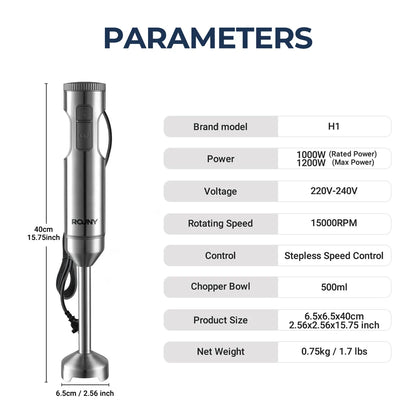 Mixer de Mão 4 em 1 ROUNY 1000W - Batedor de Imersão Potente em Aço Inoxidável com Copo Medidor de 700ml, Processador de 500ml e Batedor