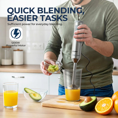 Mixer de Mão 4 em 1 ROUNY 1000W - Batedor de Imersão Potente em Aço Inoxidável com Copo Medidor de 700ml, Processador de 500ml e Batedor
