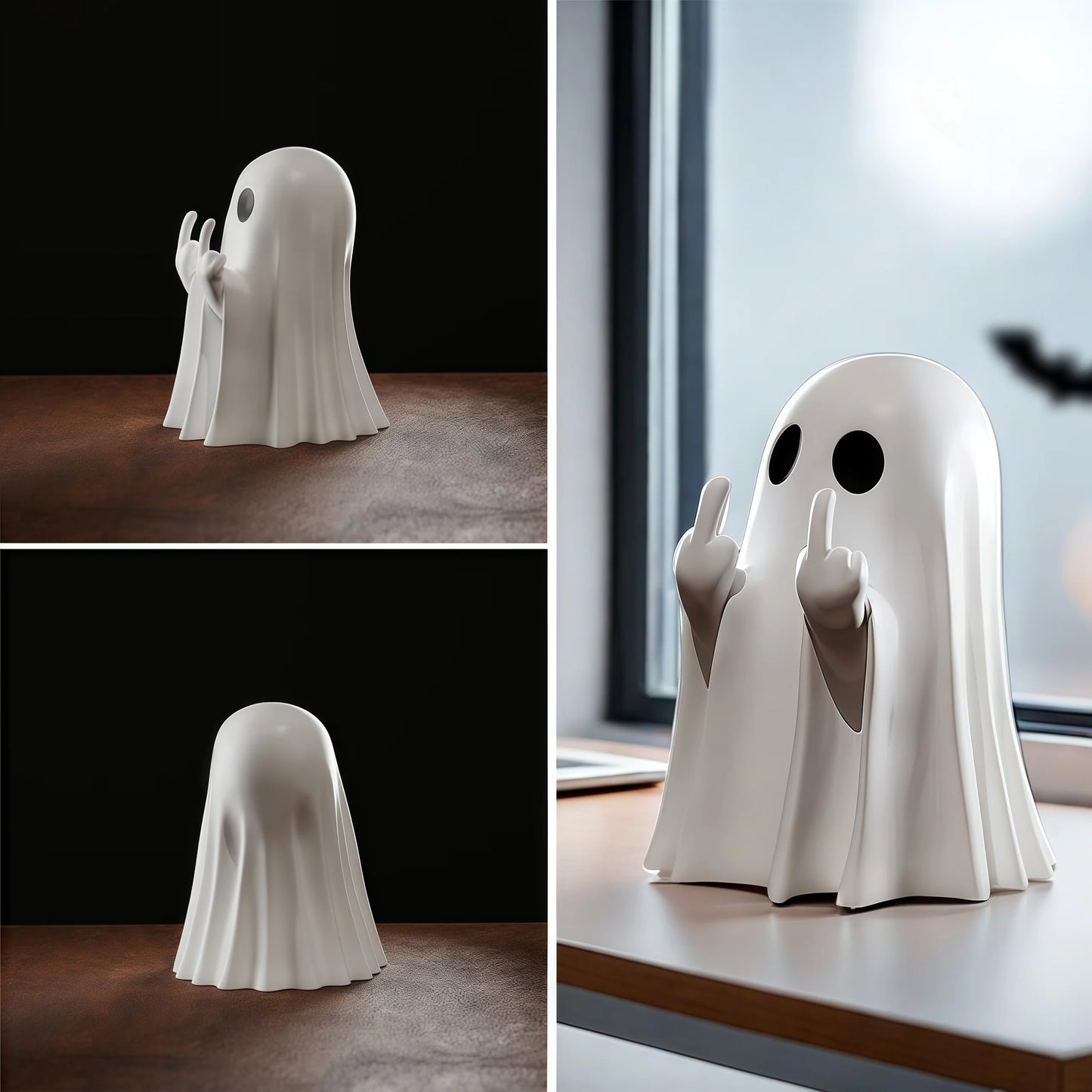 Estátua de Fantasminha Fofo Mostrando o Dedo do Meio - Pequena Decoração de Halloween para Casa, Enfeite de Mesa ou Centro de Mesa Divertido