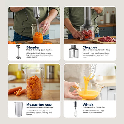Mixer de Mão 4 em 1 ROUNY 1000W - Batedor de Imersão Potente em Aço Inoxidável com Copo Medidor de 700ml, Processador de 500ml e Batedor