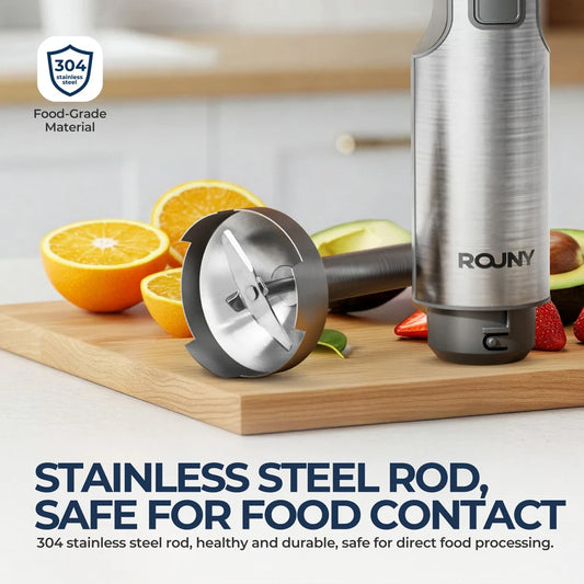 Mixer de Mão 4 em 1 ROUNY 1000W - Batedor de Imersão Potente em Aço Inoxidável com Copo Medidor de 700ml, Processador de 500ml e Batedor