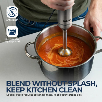 Mixer de Mão 4 em 1 ROUNY 1000W - Batedor de Imersão Potente em Aço Inoxidável com Copo Medidor de 700ml, Processador de 500ml e Batedor